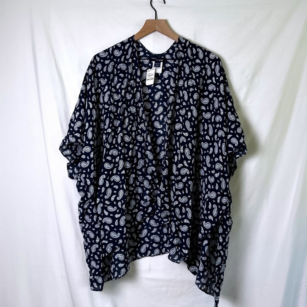 Lands End Womens Paisley Lightweight Kimono One Size Navy Boho Coastal Beach NEW